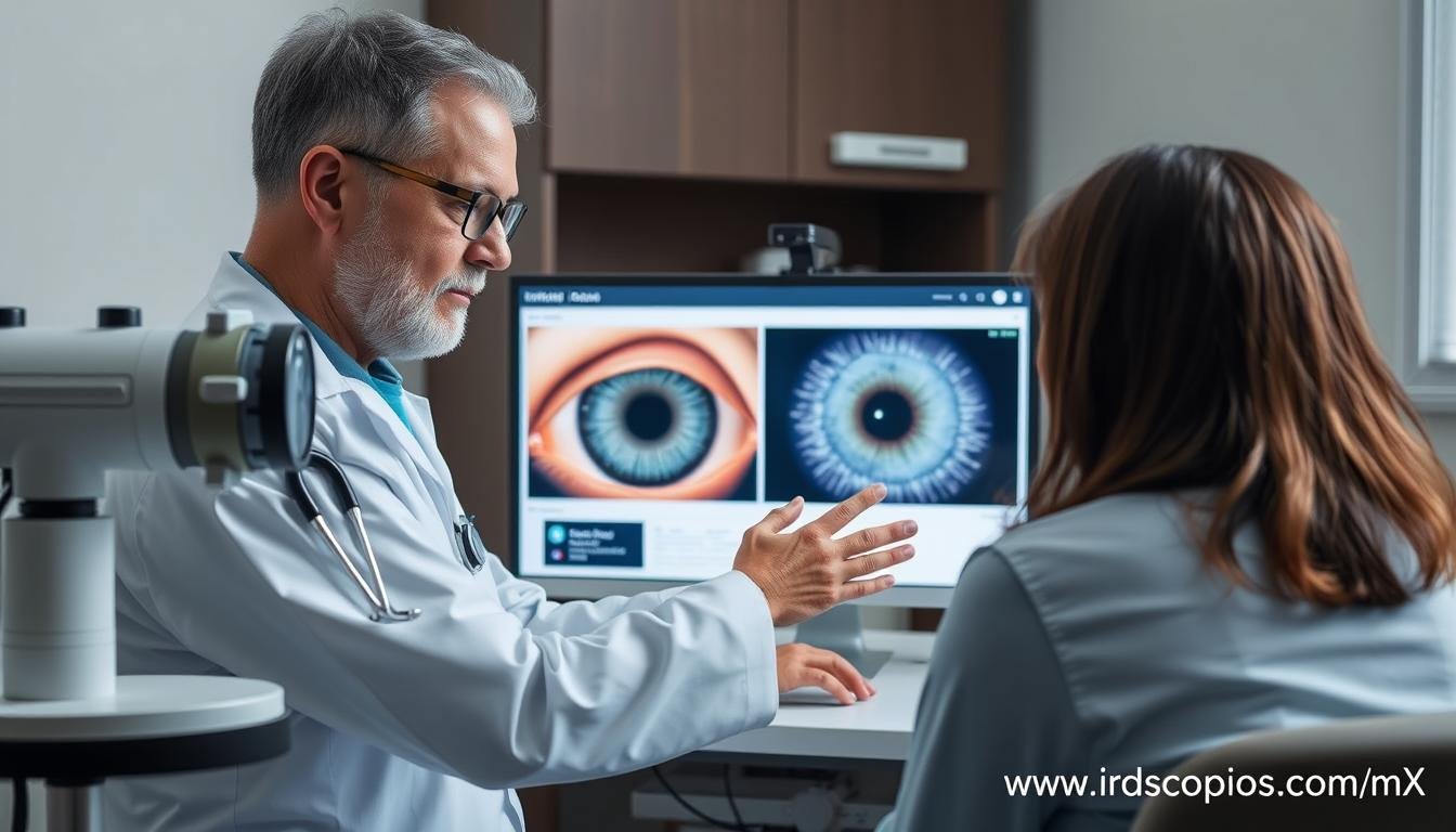 Profesional de la salud explicando resultados de un análisis iridológico a un paciente