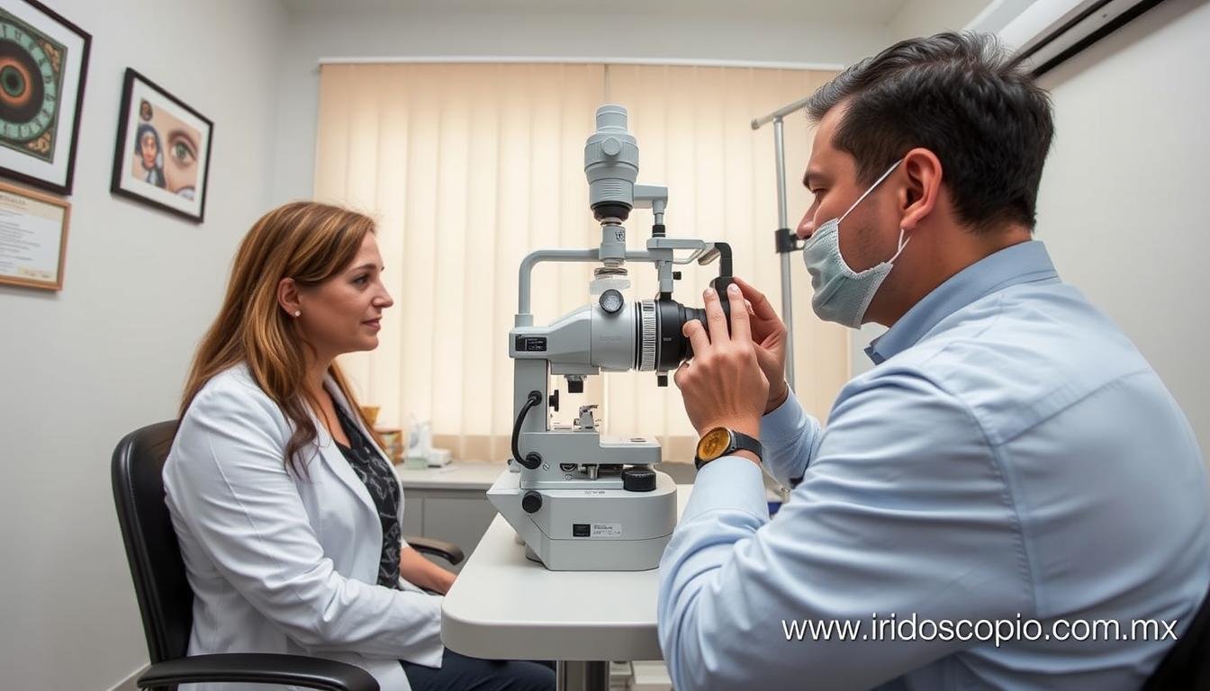 Profesional de la salud utilizando equipo MAIKONG para análisis iridológico en consultorio