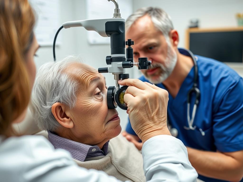 Profesional de salud examinando Arco Senil con Cámara de Iridología Profesional de salud examinando Arco Senil con Cámara de Iridología