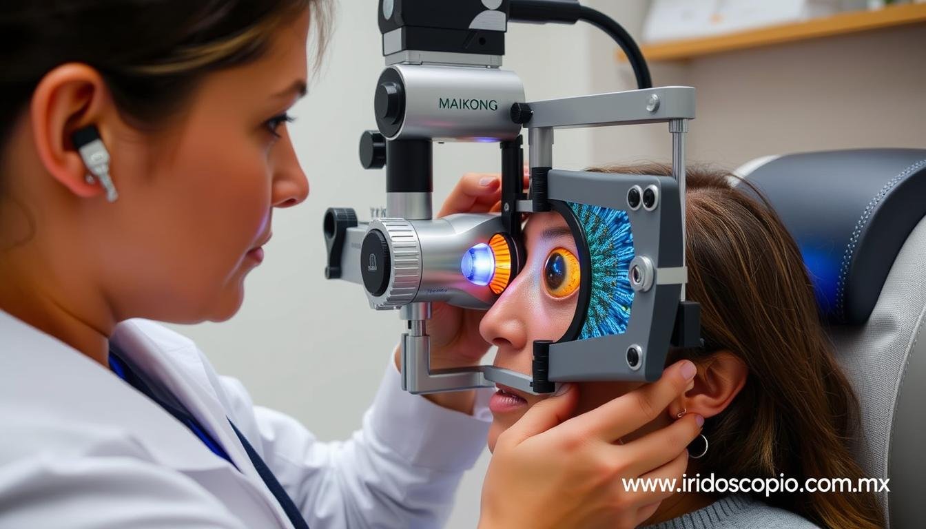Profesional realizando análisis de iridología con equipo MAIKONG