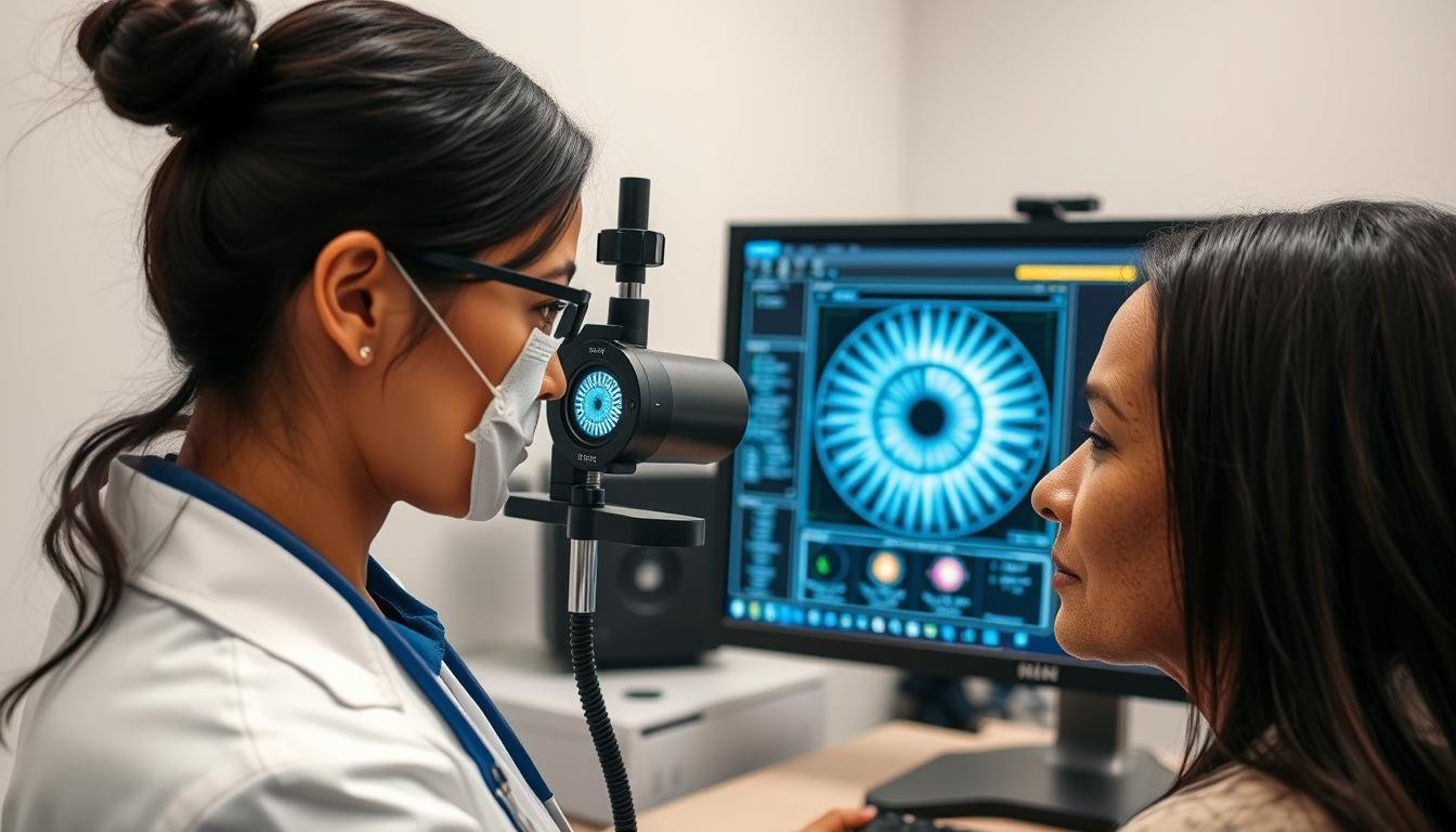 Profesional realizando análisis de iridología para mostrar para que me sirve la iridología en la práctica