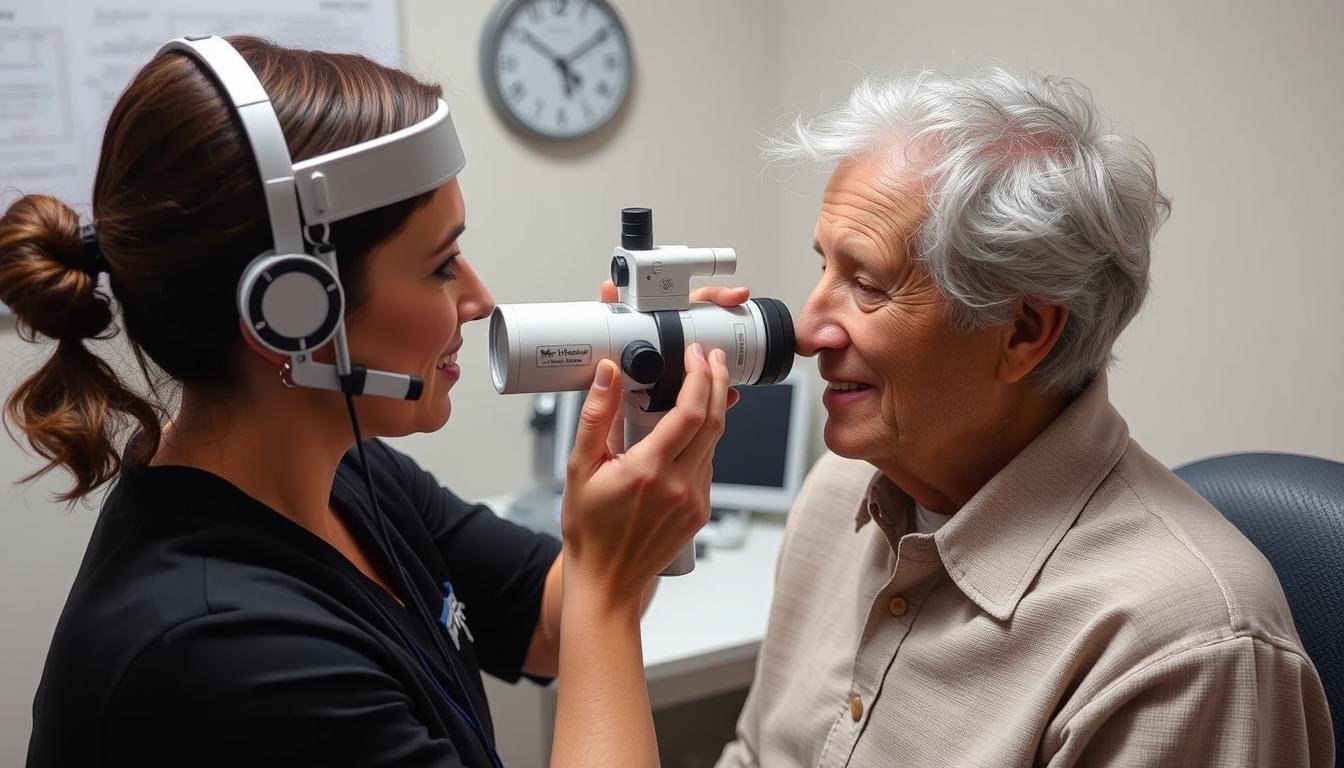 Profesional realizando análisis del Arco Senil a un paciente Profesional realizando análisis del Arco Senil a un paciente
