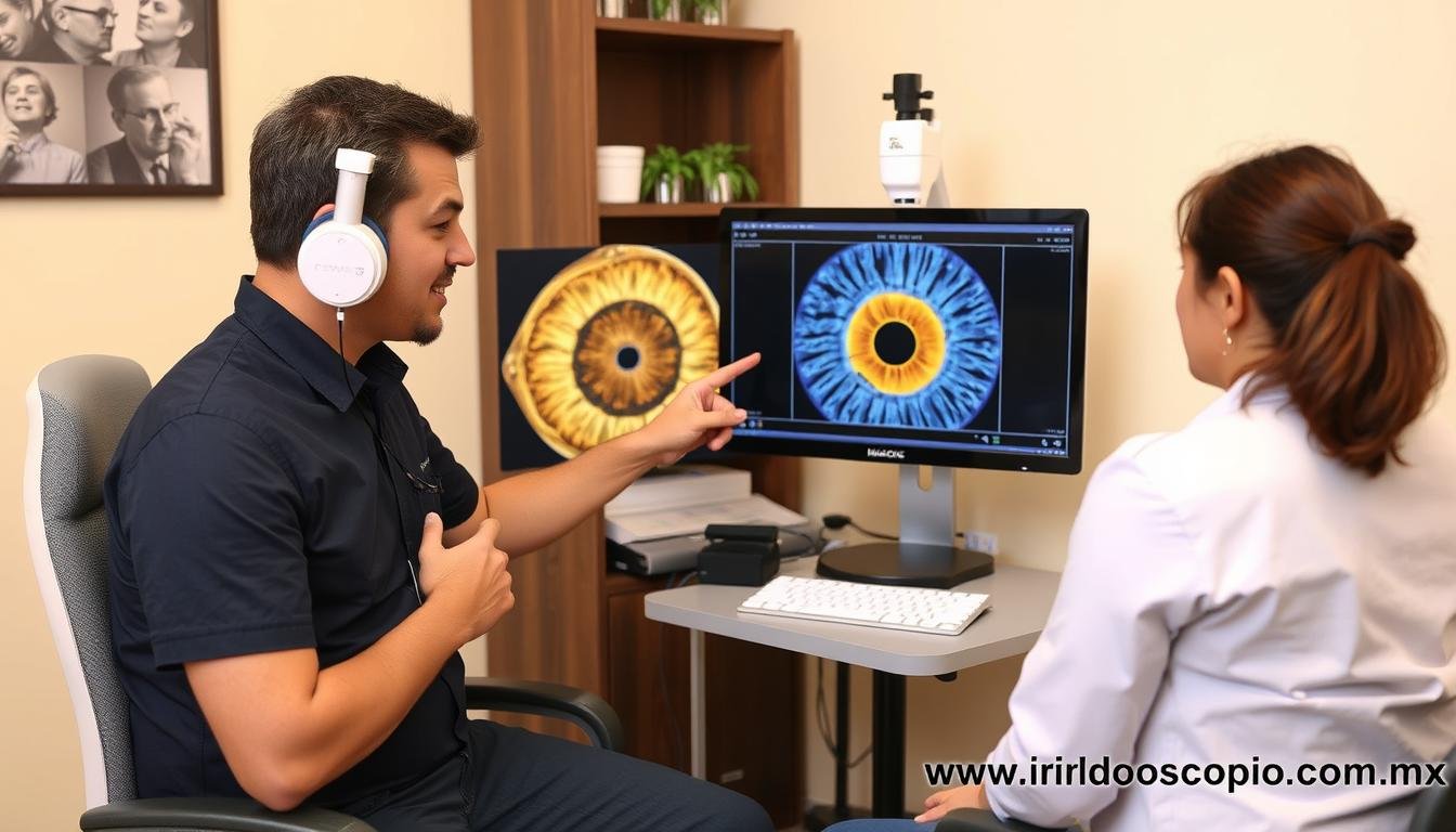 Profesional realizando diagnóstico de Arco Senil con equipo MAIKONG Profesional realizando diagnóstico de Arco Senil con equipo MAIKONG