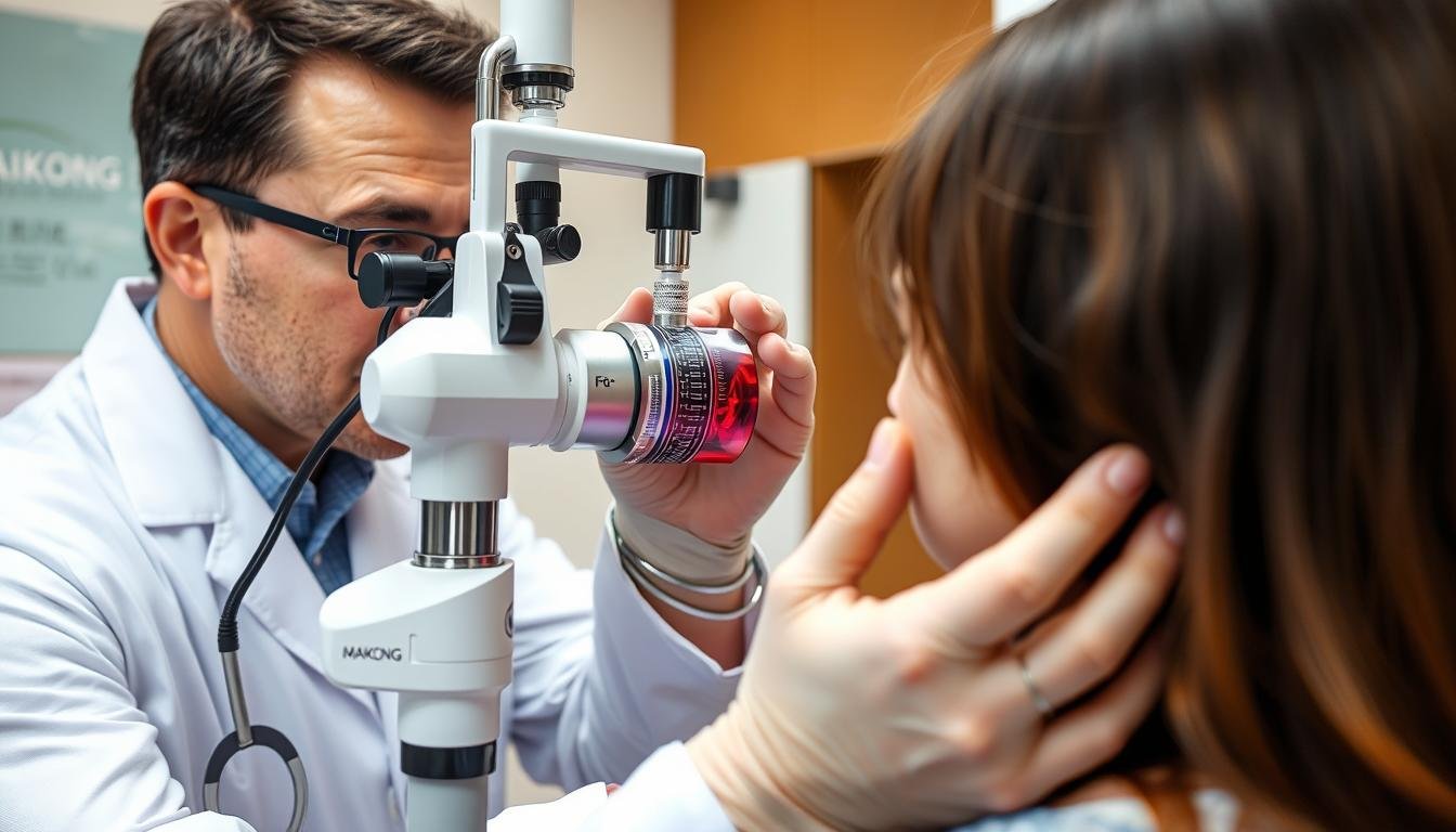 Profesional realizando diagnóstico diferencial entre Arco Senil y Anillo Lipídico Profesional realizando diagnóstico diferencial entre Arco Senil y Anillo Lipídico