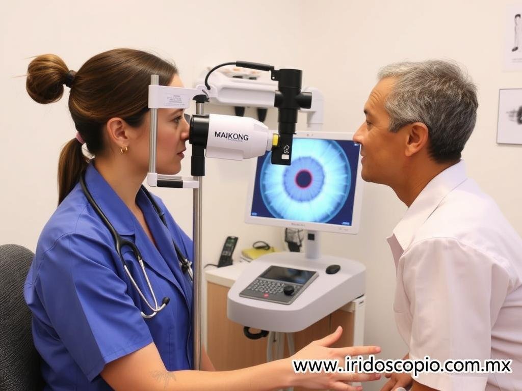 Profesional realizando diagnóstico iridológico con equipo MAIKONG