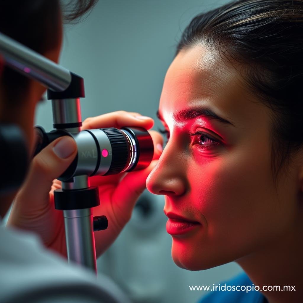 Profesional realizando un examen de iridología con un iridoscopio MAIKONG