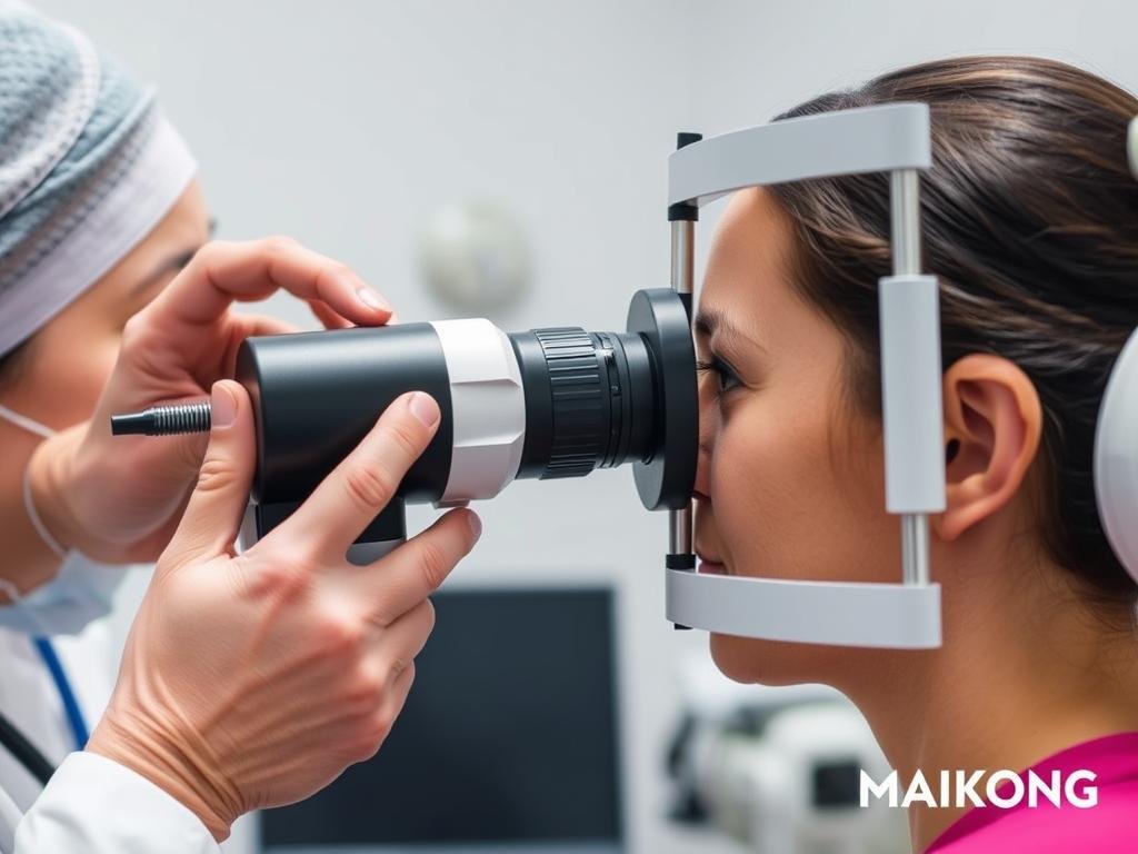 Profesional usando un iridoscopio MAIKONG para analizar qeu se puede detectar en iridologia