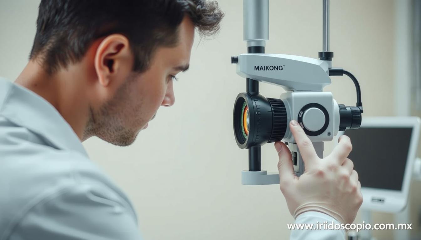 Profesional utilizando cámara de iridología MAIKONG para diagnóstico Profesional utilizando cámara de iridología MAIKONG para diagnóstico