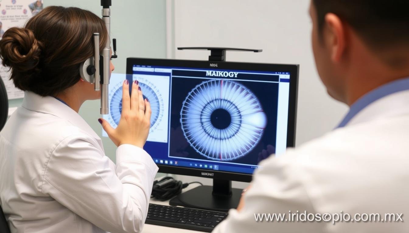 Profesional utilizando equipo MAIKONG para análisis de iridología Profesional utilizando equipo MAIKONG para análisis de iridología