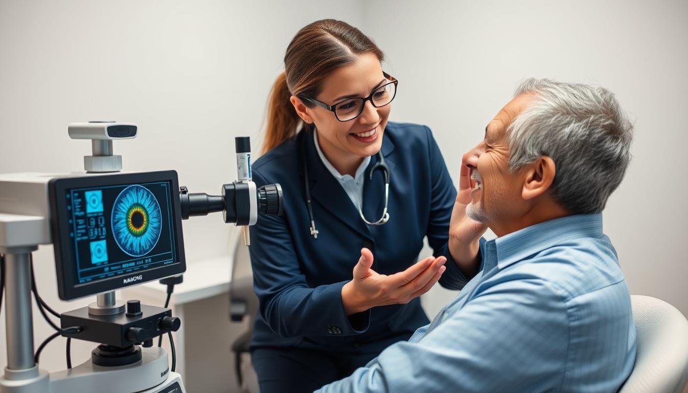 Profesional utilizando equipo MAIKONG para análisis iridológico completo Profesional utilizando equipo MAIKONG para análisis iridológico completo