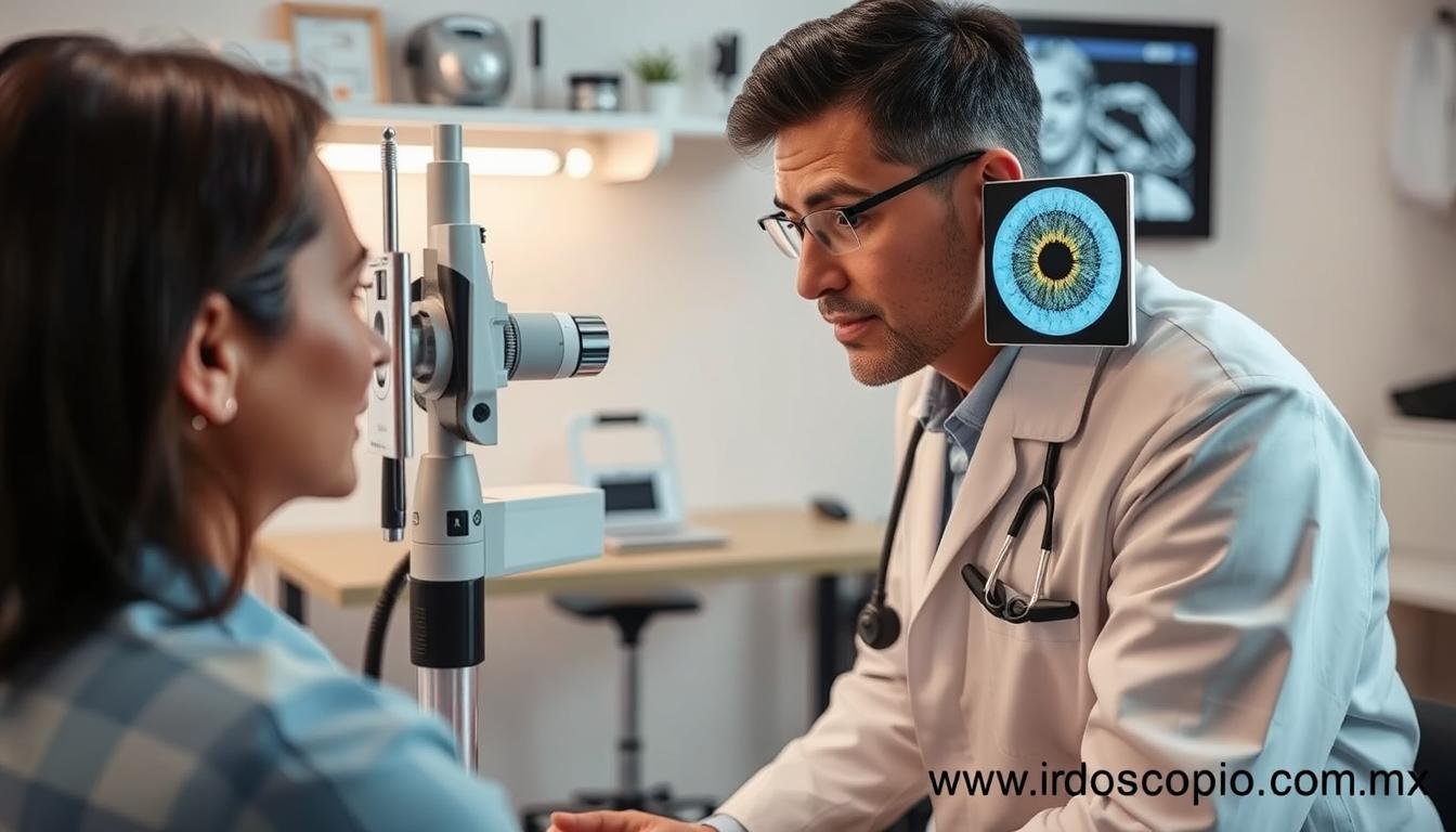 Profesional utilizando equipo MAIKONG para iridología