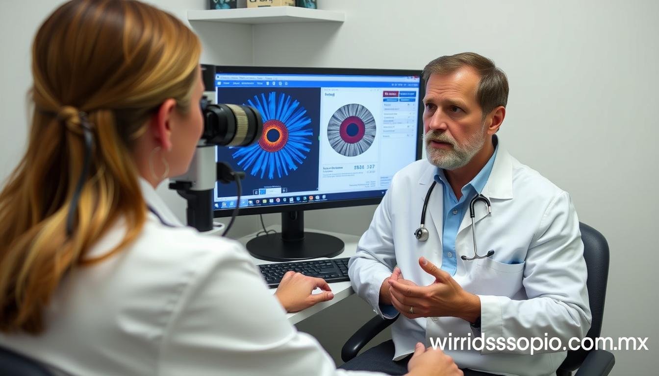 Profesional utilizando equipo de iridología MAIKONG para análisis preventivo