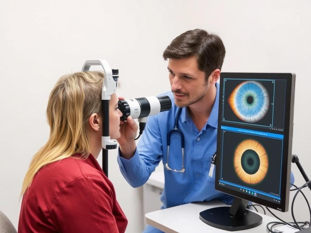 Profesional utilizando iridoscopio MAIKONG para análisis de psora