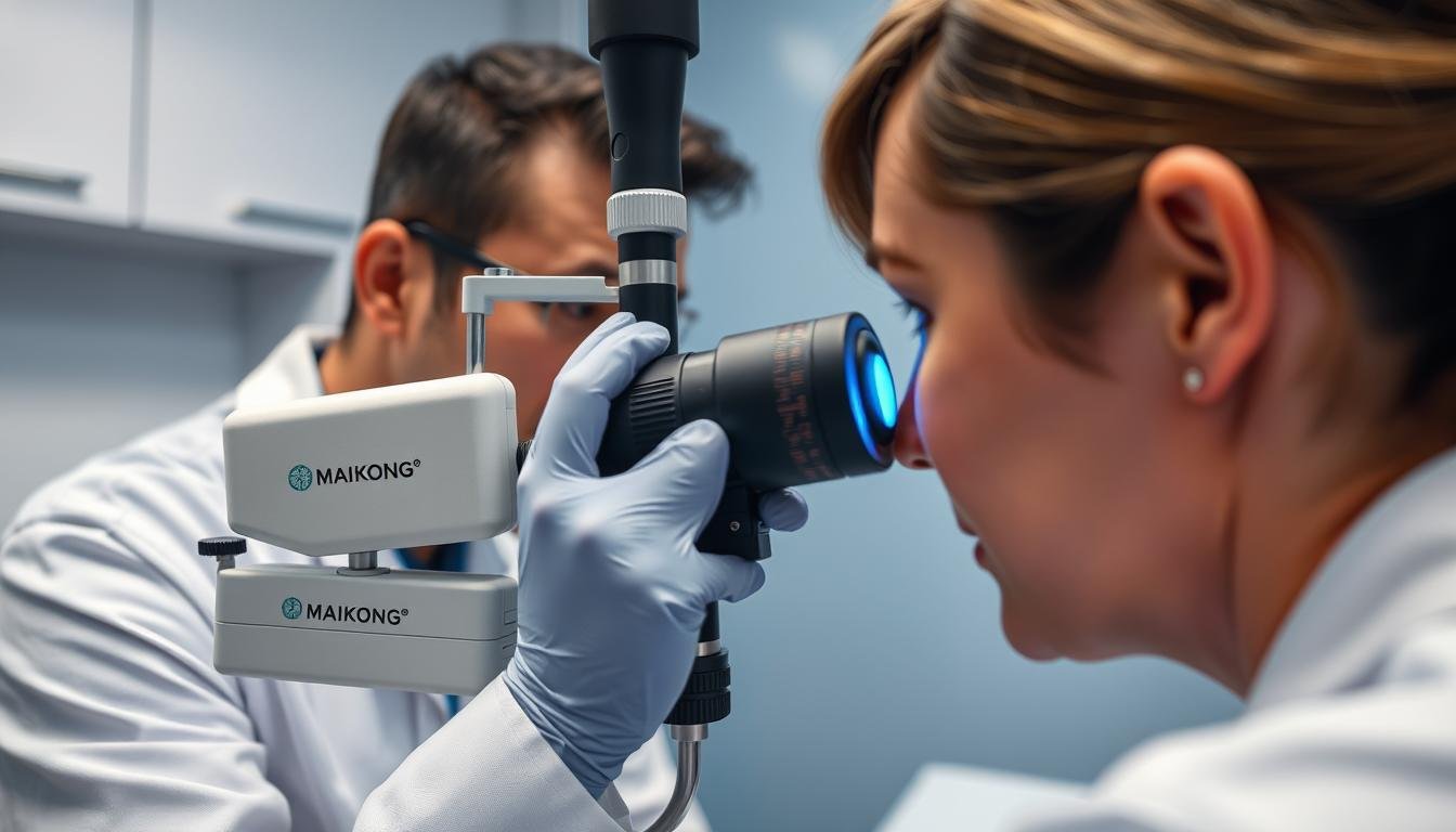 Profesional utilizando un iridoscopio MAIKONG para examinar signos de Arco Senil y Anillo Lipídico Profesional utilizando un iridoscopio MAIKONG para examinar signos de Arco Senil y Anillo Lipídico