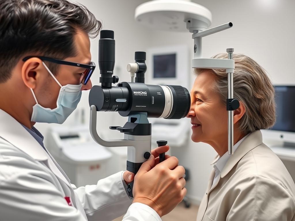 Profesional utilizando un iriologo para examinar el iris de un paciente