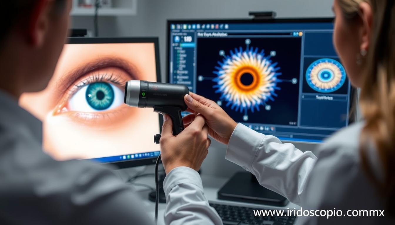 Profesionales utilizando iridoscopio MAIKONG para análisis de anillo de colesterol