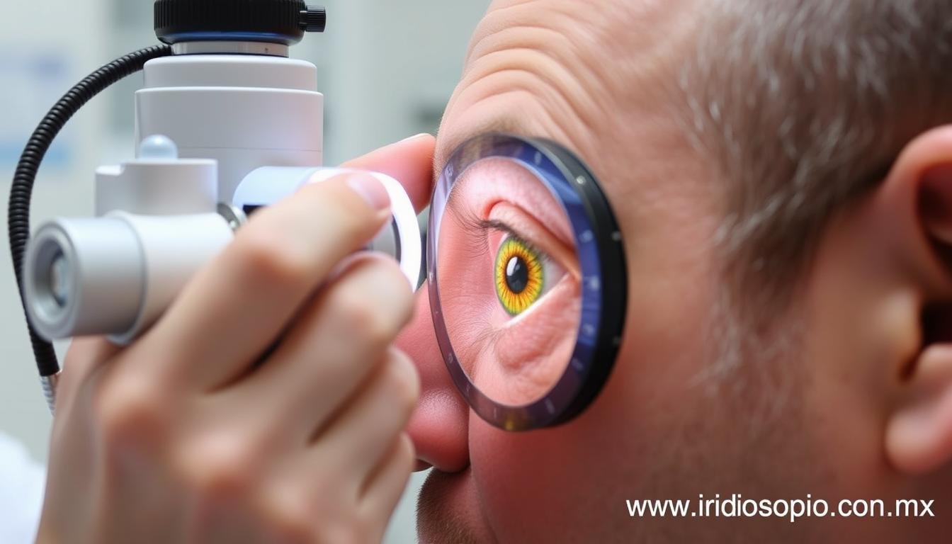 Un iriólogo analizando el iris de un paciente con equipo especializado