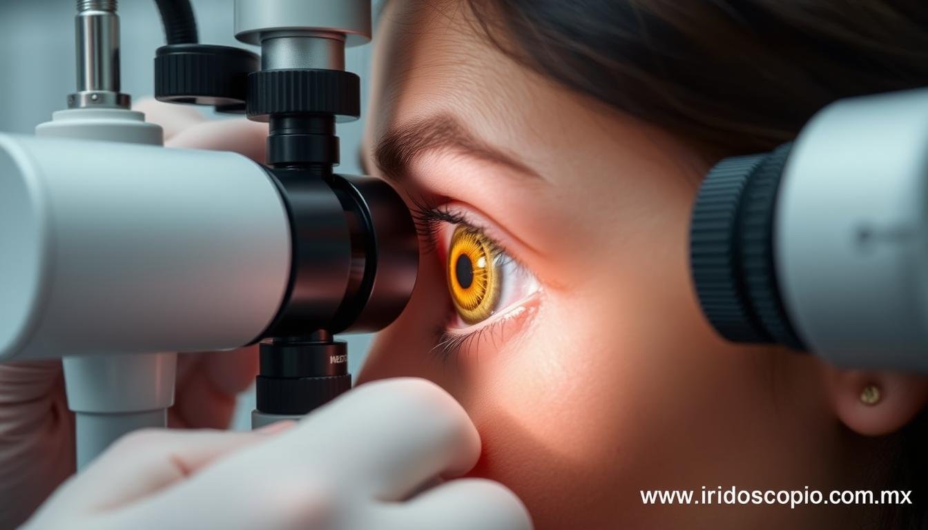 Un iriologo profesional examinando el iris de un paciente con equipo especializado